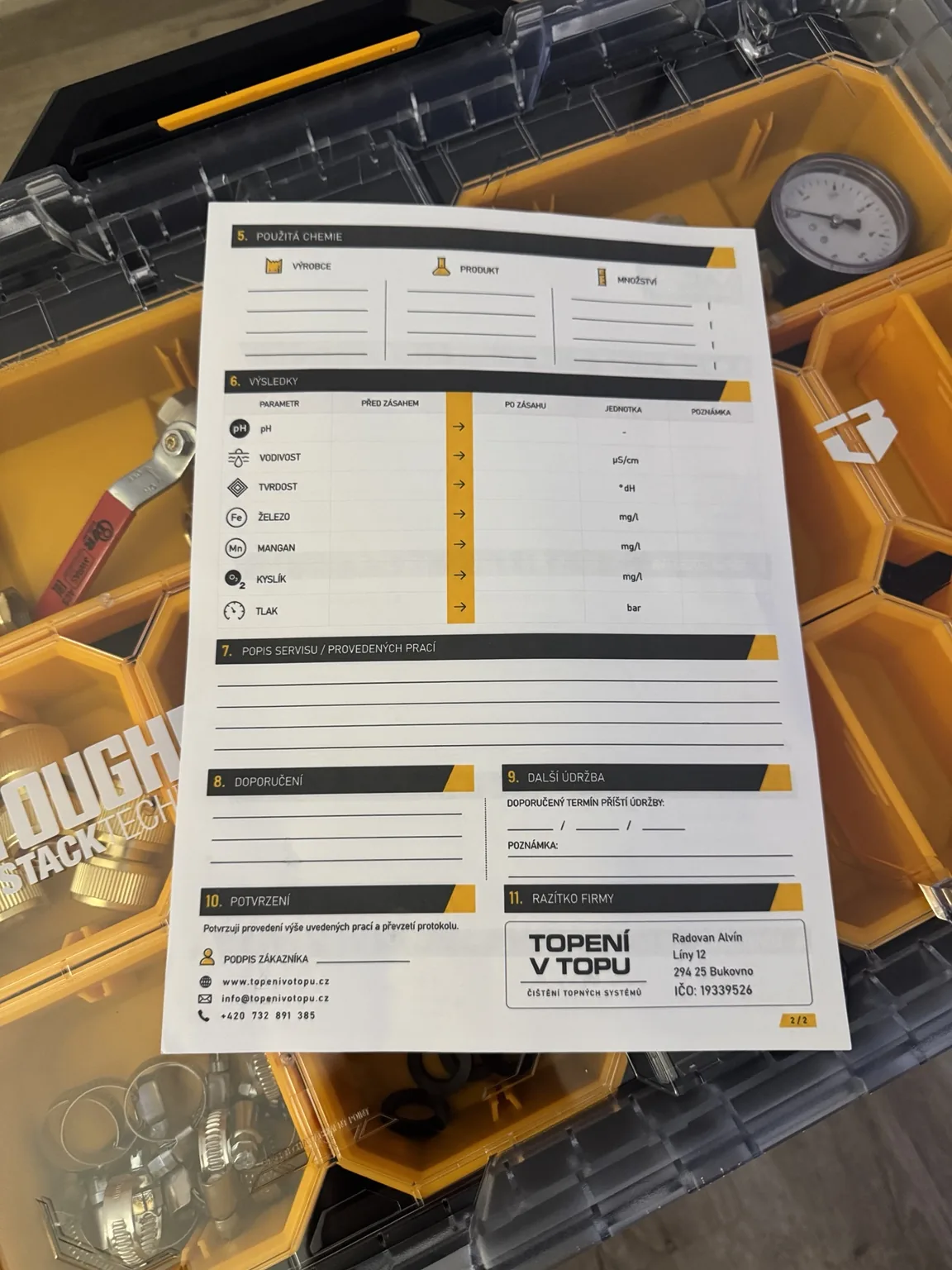 Druhá strana servisního protokolu TOP Standard